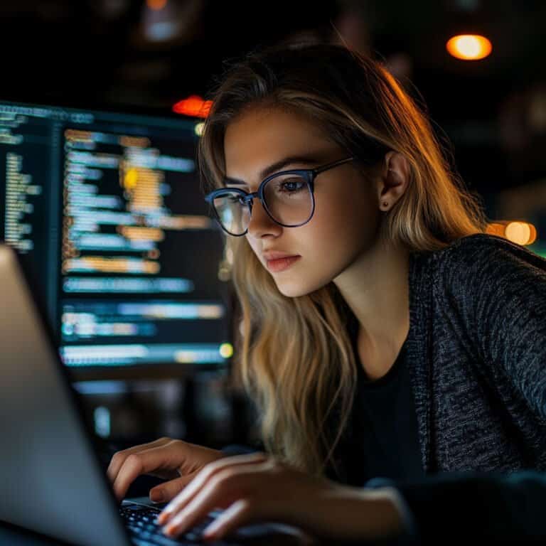 woman coding on a laptop