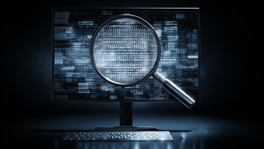 magnifying glass over a computer screen. representing SEO