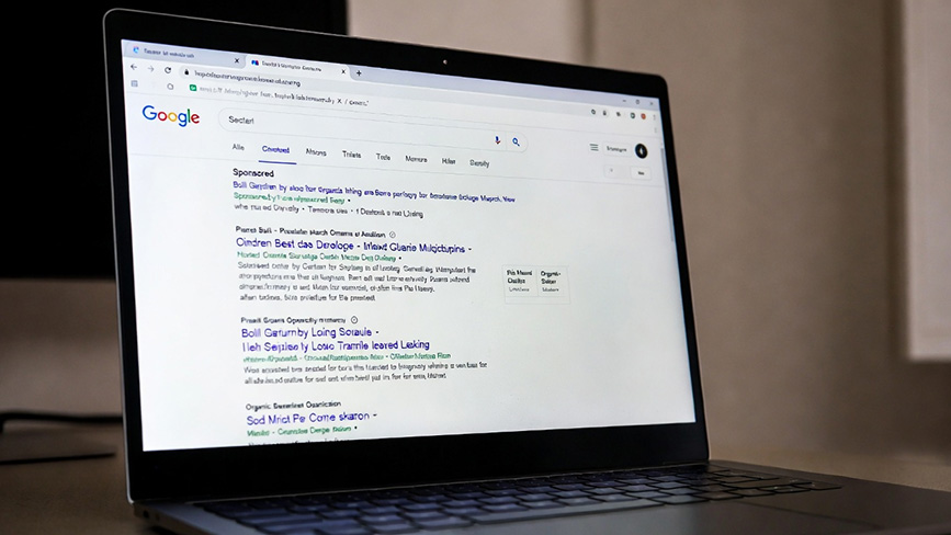 A laptop showing Google SEO results